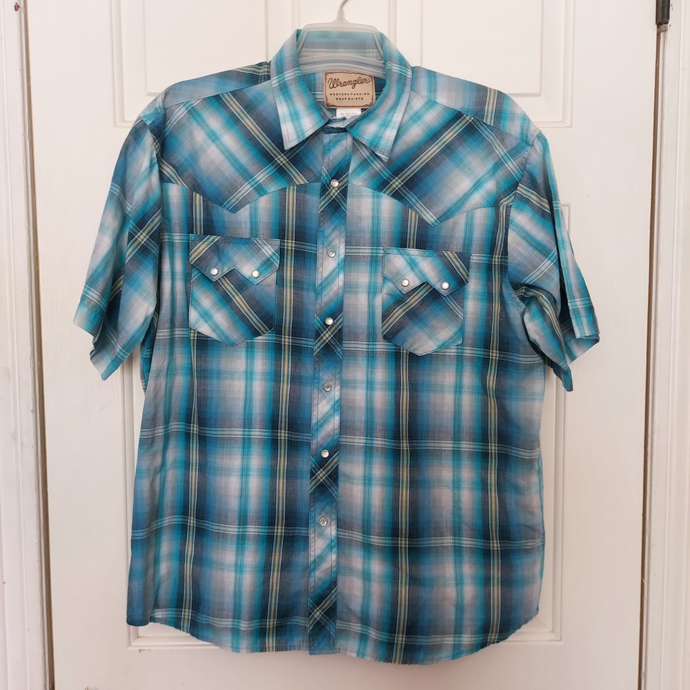 Wrangler Mens Western Plaid Pearl Snap Shirt XL Blue Teal Short Sleeve WM905TQ